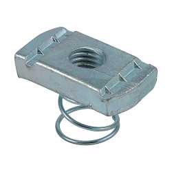 A silver TIMCO Channel Nut with a short spring, suitable for M10 metric threaded fasteners. Ideal for securing threaded bars into framing channel or strut, commonly used for hanging cable management trays, ducting systems, electrical panels, air conditioning units, junction boxes, or piping clamps.